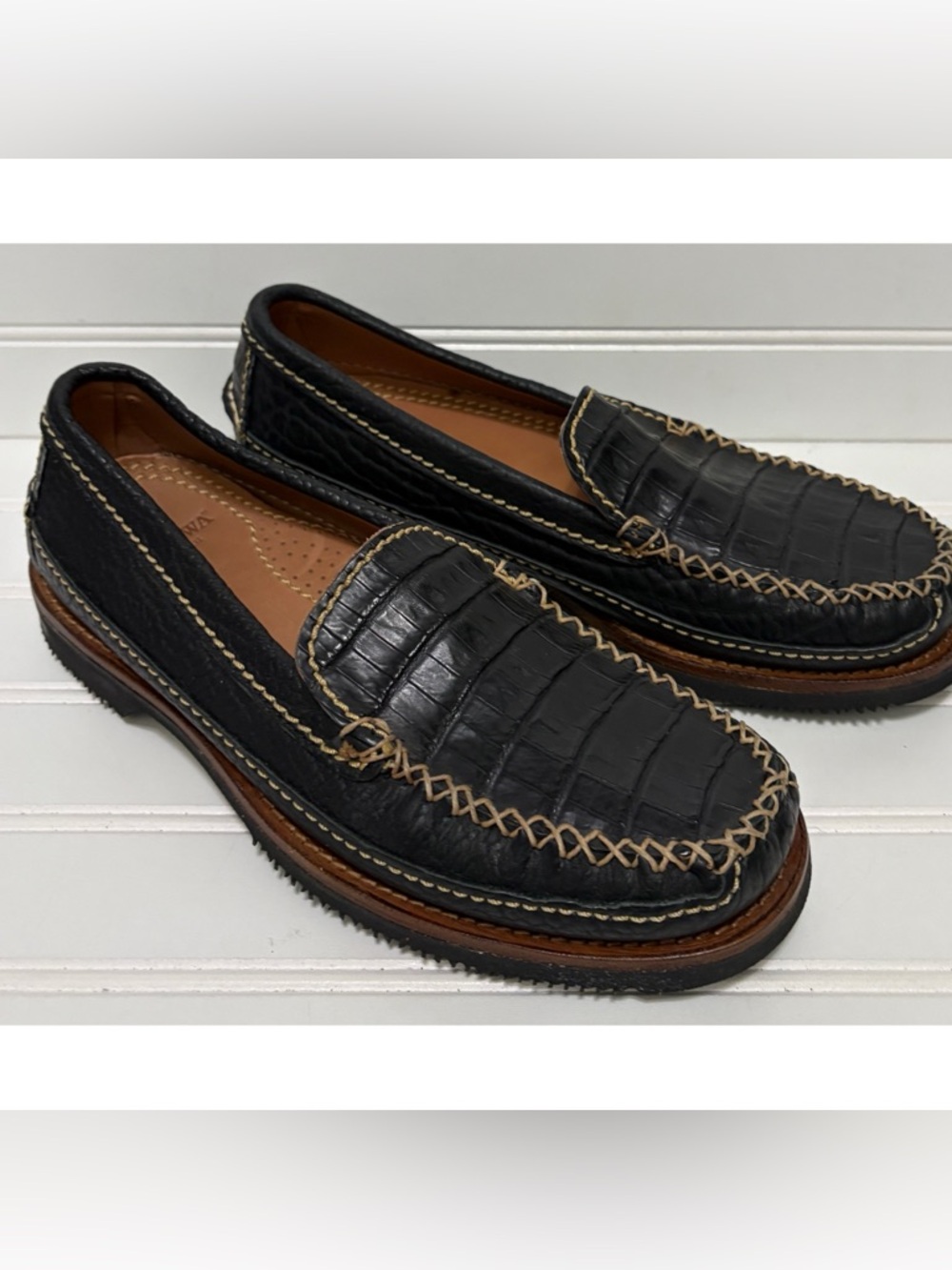 CHIPPEWA Black Alligator Bison Slip on Leather Loafers Shoes Mens Size 7 M 37689